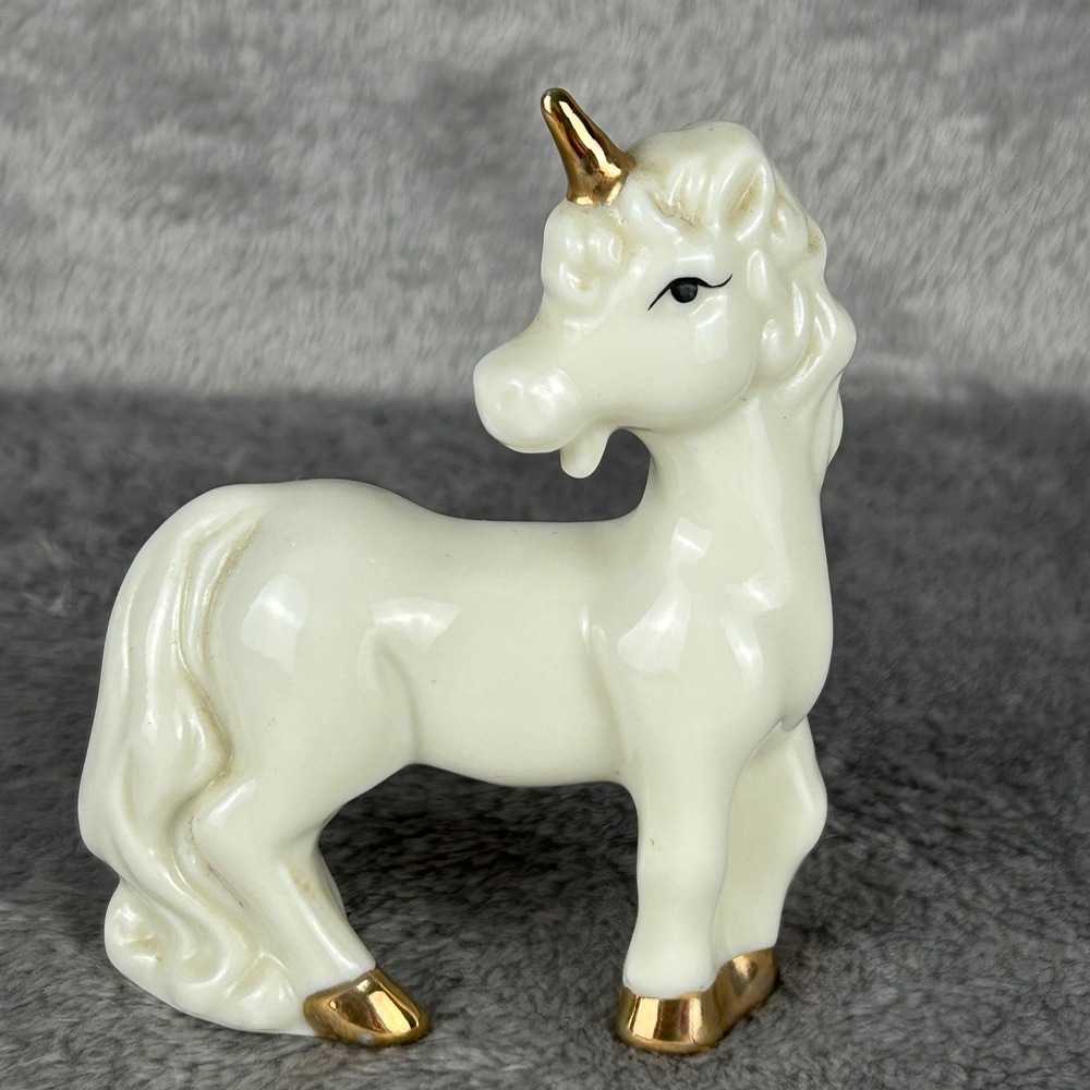 Vintage Ceramic Unicorn Figurine White Gold Horn Hooves Glossy 3 Inch